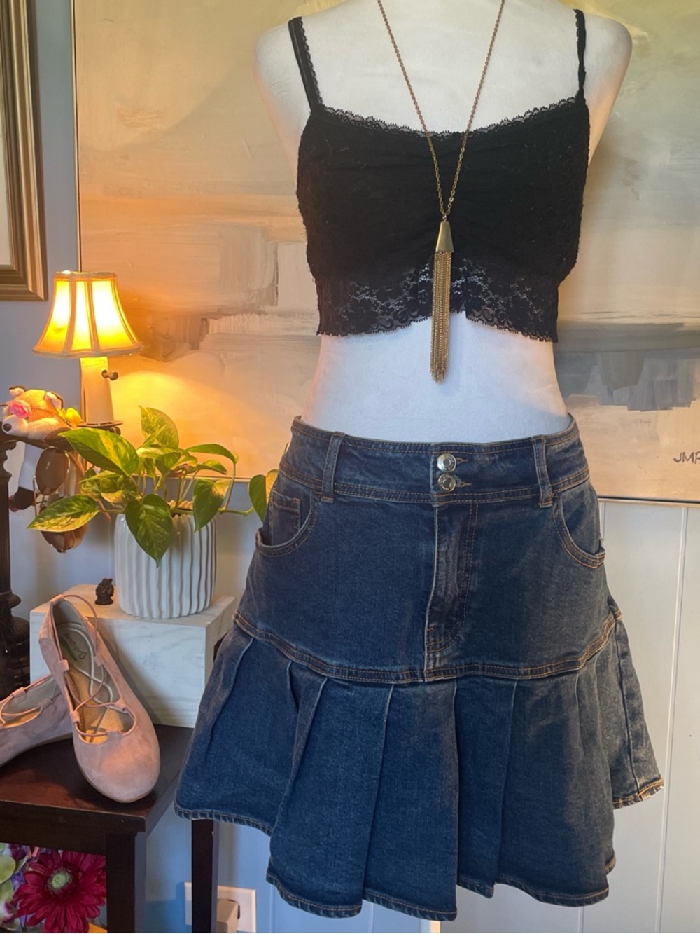 Wild Fable Dark Blue Denim Pleated Mini Skirt.